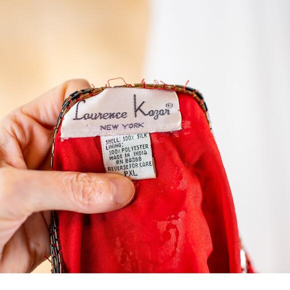 VTG 90s Laurence Kazar Beaded Christmas Blazer Red Silver Holiday Bow Jacket PXL - Picture 8 of 11